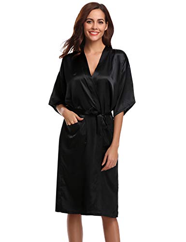 Hawiton Kimono Mujer Bata Saten Manga Corta Novia Albornoz Boda Pijama de Seda Vestidos con Cinturilla Elegante Ropa de Dormir Verano