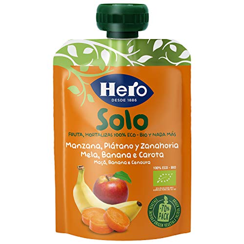 Hero Baby Solo Bolsita de Manzana, Plátano y Zanahoria Puré de Frutas Ecológico para Llevar para Bebés a partir de 4 meses, 100 g