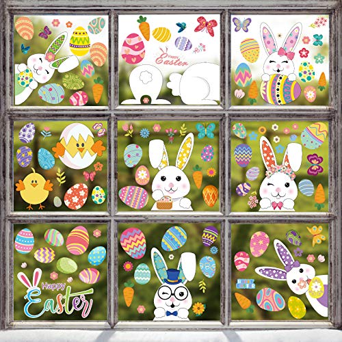 Hianjoo Pegatinas para Ventana del Día de Pascua, 9 Hojas, Conejos, Pollo, Mariposa, Zanahoria, Flor, Huevo de Pascua, Pegatinas de Vidrio para el Día de Pascua