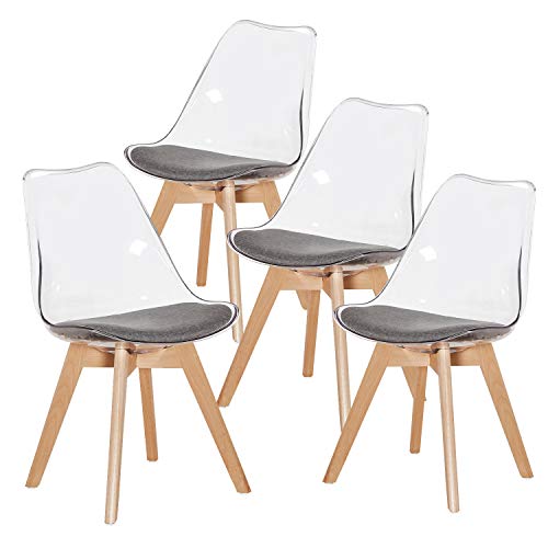 H.J WeDoo Pack de 4 Escandinava Transparentes Policarbonato Sillas de Comedor, Pata Madera de Haya y Asiento Acolchado, Estilo nórdico - Gris &Transparente