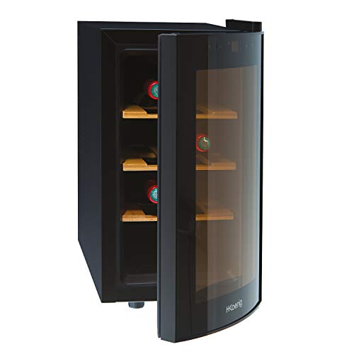 H.Koenig AGE8WV - Vinoteca 8 Botellas, Pequeña, Con Capacidad de 25 Litros, 70 W, Silenciosa, 41 dB, 3 Estantes de Madera, Panel Táctil, Luz LED, Puerta de Cristal, Acero Inoxidable, Negra.