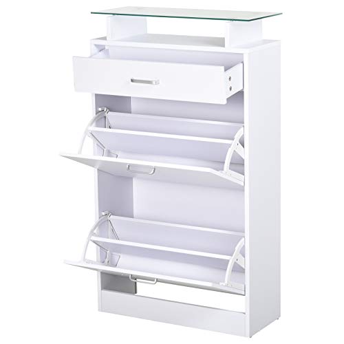 HOMCOM Organizador de Zapatos Multifuncional Zapatero con 3 Cajones Estante de Vidrio Asa de Aluminio para Pasillo Tablero de Partículas Carga 50 kg 60x24x105,5 cm Blanco