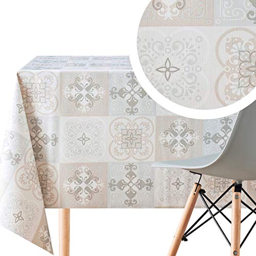 Hules Para Mesas Rectangular Estilo Lisboa Gris y Beige de PVC Fácil de Limpiar - 200 x 140 cm - Mantel Rectangular de Vinilo Plástico Fácilmente Limpiable con Diseño de Azulejos Estilo Lisboa