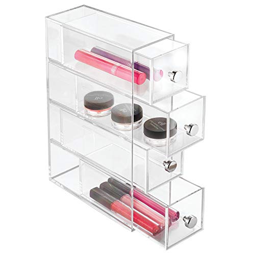 iDesign Organizador de maquillaje con 4 cajones, minicómoda estrecha de plástico, mini cajonera para cosméticos para uso vertical u horizontal, transparente