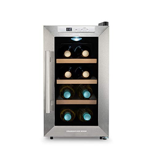 IKOHS WINECOOLER WOOD S - Vinoteca de 8 botellas, 23 l, 60 W, Luz LED, Display Digital, 3 Estantes, Doble Aislamiento, Zonas de temperatura de 8-18 grados, Baldas Acero Inoxidable