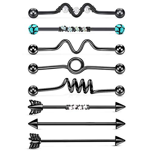 JFORYOU 8 Piezas 14G Piercing Industrial Barra con 8 Estilo para Mujeres Acero Inoxidable Hombres Industrial Pendiente de cartílago Joyería Piercing del Cuerpo