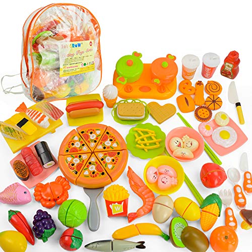 JoyGrow Alimentos de Juguete Cortar Frutas Verduras,70 Piezas Accesorios de Cocina,Diferentes Paises Juego de Comida,Juego de rol Infantil de Imitación,Educación Juegos para Nino Traer Mochila