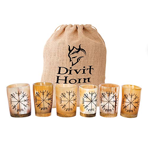 Juego de 6 vasos de chupito Divit con borde de latón, auténtico cuerno medieval, bolsa de regalo de lino incluida, capacidad de 148 ml