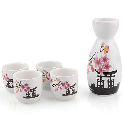 Juego de Sake de 5 Piezas, Vasos japoneses de Sake frío con 1 Botella de Jarra de Sake y 4 Tazas de Saki, para té Shochu de Sake Caliente Caliente y frío, Juego de Regalo de cumpleaños para el día