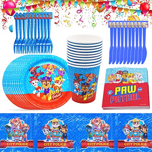 Juego de vajilla de cumpleaños para niños, Paw Dog Patrol que incluye platos, tazas, servilletas, manteles, decoraciones de cumpleaños de Paw Dog Patrol