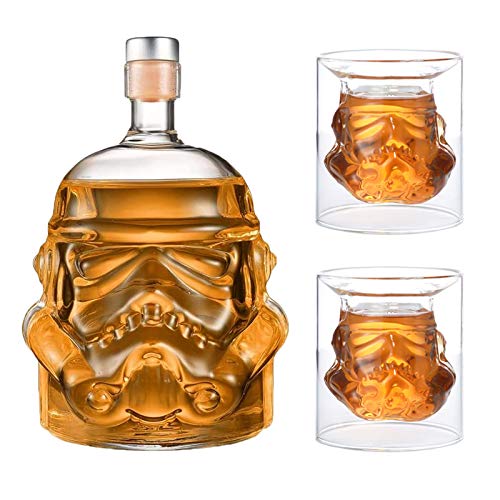 JUSSES - Jarra de whisky creativa transparente para Whisky, Vodka y vino, 1 botella Stormtrooper (750 ml) y Stormtrooper 2 vasos (8,5 x 9,5 x 9 cm)