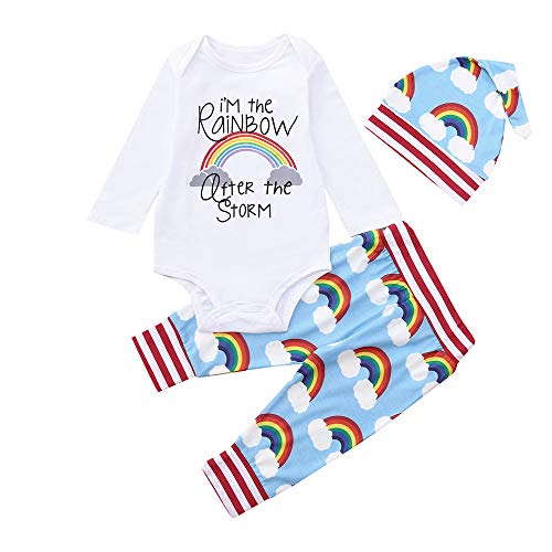 K-youth Conjuntos Bebe Niña Letras Arco Iris Estampado Body Bebe Manga Larga Monos Mameluco Ropa Bebe Recien Nacido Niña Invierno Niño Tops + Pantalones + Sombrero(Blanco-1, 0-3 Meses)