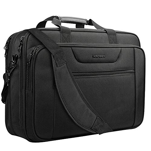 KROSER Bolsa para Laptop Maletín Portátil Extensible Repelente al Agua Bandolera Bolsa de Mensajero para Viajes/Negocios/Escuela/Hombres/Mujeres-Negro (18pulgadas)