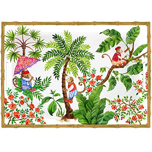 Les Jardins de la Comtesse - Gran Bandeja de Servicio de Melamina Pura - Contorno Bambú - Monos de Bali - 50 cm - Coral Rojo y Verde - Bandeja Grande con Asas - Colección Vajilla Irrompible MelARTmine