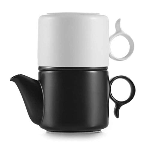 LOGO Té for Uno Tetera y la Taza Conjunto, de té de cerámica for uno con Flast infusor 8,5 Onza Individual Mate Porcelana Tetera de té Flojo (Blanco y Negro)