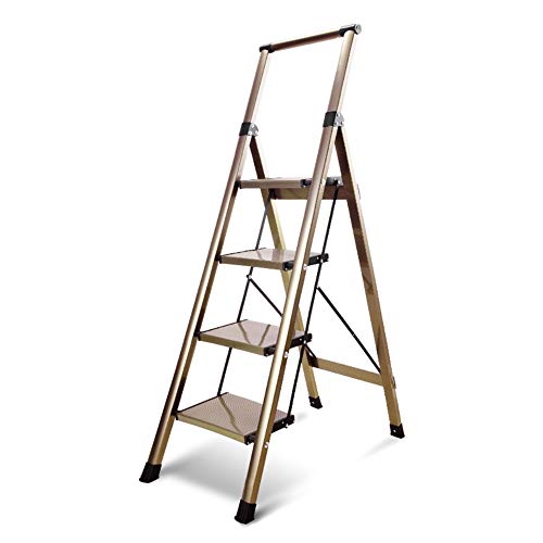 LXF Escaleras plegables Escalera plegable de 4 peldaños, Escalera ancha de aleación de aluminio con pedales anchos, Escalera multifuncional de uso doméstico, Carga de 150 kg (Color : Oro)