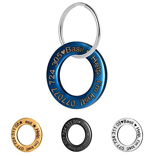 lyl Etiquetas de identificación de Mascotas de Acero Inoxidable Etiquetas de Perro Personalizadas Personalizadas Grabado Frontal/Posterior para Gato y Perro de Anillo Forma (Azul, M)