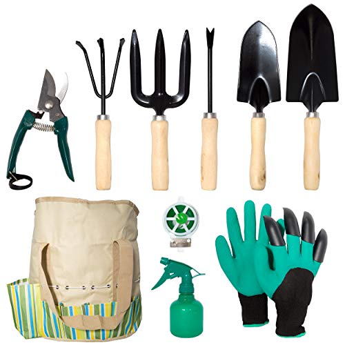 lyndeluxe Herramienta de jardín 10Pcs, Kit de jardinería con Bolsa de Almacenamiento, Herramientas de plantación Masculinas/Femeninas de Alta Resistencia