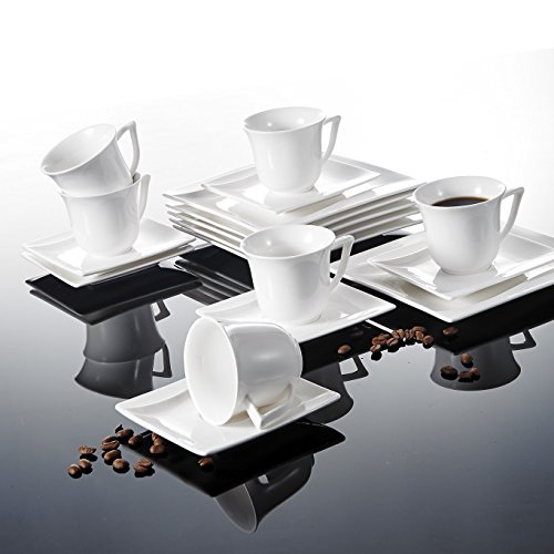 MALACASA, serie Carina, Juego de Vajillas 18 piezas servicio de Café de Porcelana Blanca Crema servicio de Cena, con 6 Platos de Postre 6 Tazas de 200ml 6 Platillos para 6 Personas