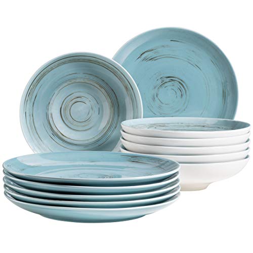 MÄSER Serie Derby Van Well-Vajilla para 6 personas (calidad gastronómica, 12 piezas, diseño moderno, efecto pincel), color azul, Porcelana duradera