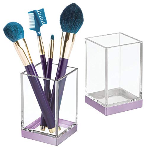 mDesign Juego de 2 organizadores de baño Decorativos de plástico sin BPA – Porta cepillos para Utensilios de baño – Vaso para cepillos de Dientes, maquinillas o cosméticos – Transparente y Violeta