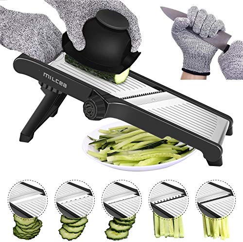 MILcea Cortador de verduras profesional, mandolina 3 en 1, ajustable, cortador de verduras Julienne para alimentos, frutas y verduras. Corte fino de 1 mm a 9 mm con guantes de seguridad