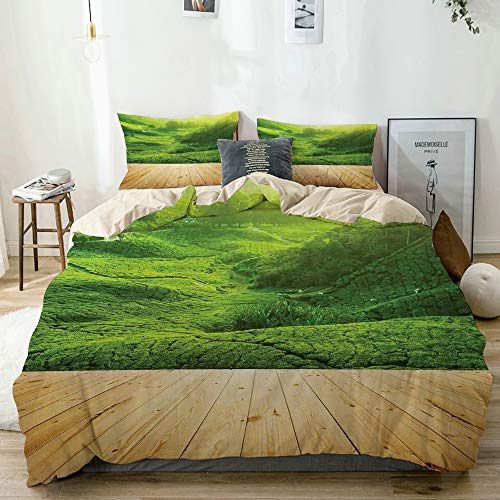 Minalo Bedding Juego de Funda de Edredón,Beige,Highlands Tea Plantations from Wood Balcony Perspective Amanecer en Eary Morning con Niebla,Microfibra NO LLENAR,(Cama 140x200 + Almohada)