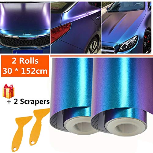 Mioke Vinilo Láminas Protectoras para Pintura, 2 Rolls 30 * 152cm Adhesiva Película para Coche Camaleón Púrpura a Azul Color cambiando