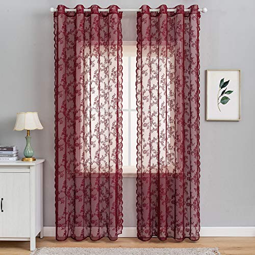 MIULEE 2 Hojas Cortinas Salon Lace Visillos Cortina de Encaje Cortinas Translúcidas Florales de Habitacion Dormitorio Tul con 8 Ollaos Rómanticas para Ventana Balcon Salón150x245cm Rojo Oscuro