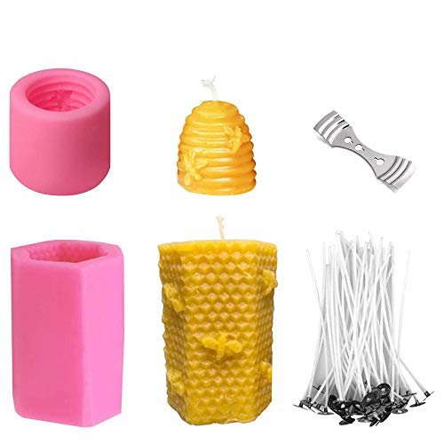 Moldes 3D de Silicona, MOPOIN Molde Velas 3D Forma de Panal Molde con 50 mechas de Vela y Soporte de Metal para Hacer Velas de Cera de Abeja casera, jabones, Barras de loción, chocolate, gelatina