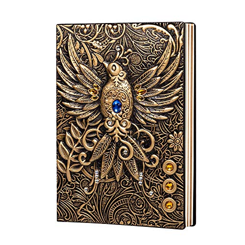 Molshine A5(5.5"x 8.3")Cuaderno Vintage en Relieve,Diario de Cuero Retro Bronce,100 Hojas de Papel de Escribir Forrado,Bloc de Notas de Viaje de Tapa Dura para Colección,Regalo(Fénix)