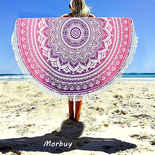 Morbuy Toalla de Playa Redonda, Estilo Mandala Indio Decoración, La Playa Tapiz de Pared Manta Yoga Picnic Mantel Tassel Beach Towel Blanket Clips, 59 Inch (150cm,Mandala - Rojo)