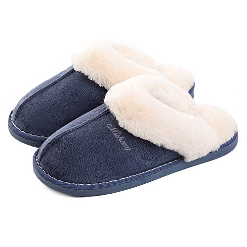 Mujer Invierno Fur Zapatillas de Estar Cerradas Calienta Pantuflas, para Interior o Exterior, Azul, 40.5-42 EU (Talla del fabricante 44/45)