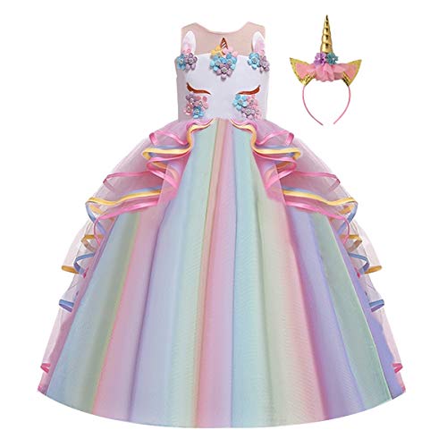 Niñas Disfraz de Halloween Princesa Vestido de Unicornio para Chicas Cumpleaños de Boda Carnaval de Fiesta de Cosplay Navidad Comunión Flor Vestidos de Baile con Diadema Multicolor 8-9