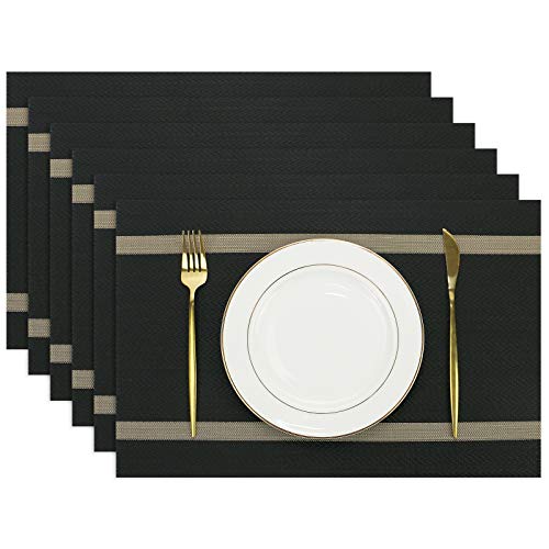 Olrla manteles Individuales Conjunto de 6, 30x45cm Lavable Mesa de Comedor mats, de Alambre de Oro crossweave Tejido de PVC manteles (Negro, 6)