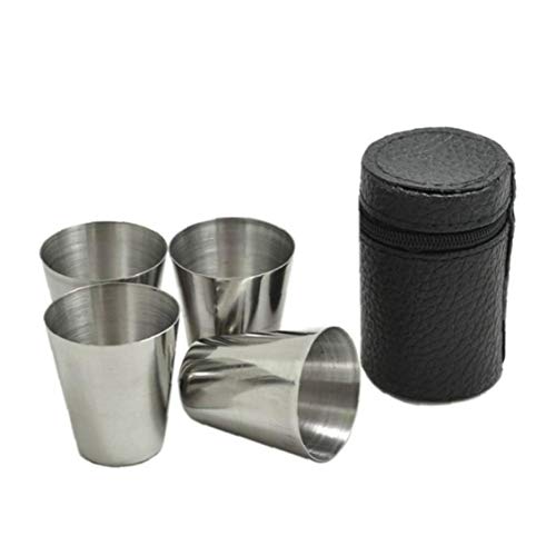 Oulensy 4pcs 30 Ml De Vino De Acero Inoxidable Pulido De Bebida Vasos De Copa con Cubierta De Cuero del Caso De La Bolsa para Bar Bar De La Cocina del Hogar