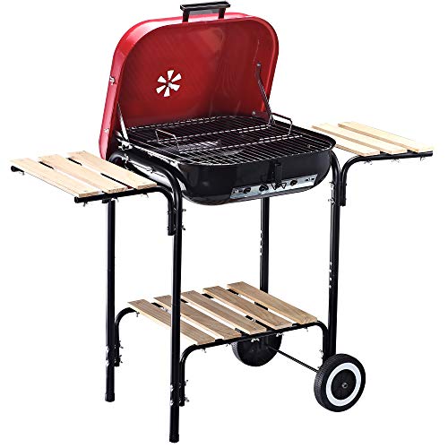 Outsunny Barbacoa de Carbón Picnic con Estantes de Madera Parrillas Asador BBQ Patio Acampada Multifuncional Parilla de Carbón Vegetal 98x49x81cm con Ruedas