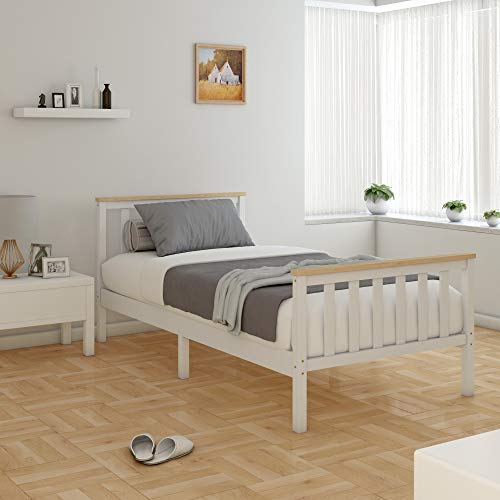 Panana - (196x98x82cm Marco de Cama Individual con Listones Madera Pino Modelo 3 Pies Moderna Estructura Sencilla Color Blanco (Cama-02)