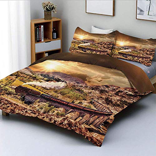 Popun Juego de Funda nórdica, Wizard School Express Famous Train Landscape Glenfinnan Railway Viaduct Scotland Sunset Juego de Cama Decorativo de 3 Piezas con 2 Fundas de Almohada, marrón, p