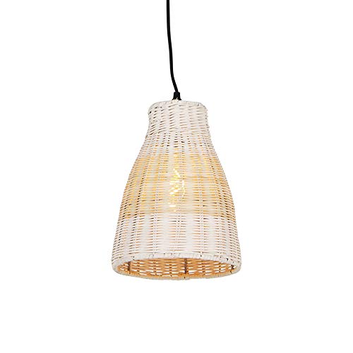 QAZQA Oriental Lámpara colgante rústica blanca madera 20cm - BURN Rattan/Acero Alargada Adecuado para LED Max. 1 x 60 Watt