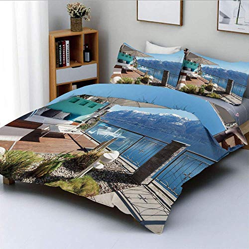 Qoqon Conjunto de Funda nórdica, Vista al Lago con Snowy Peak Mountain Ocean Seascape Balcony House ImageDecorative Juego de Cama de 3 Piezas con 2 Fundas de Almohada, Azul Cielo y marrón, p