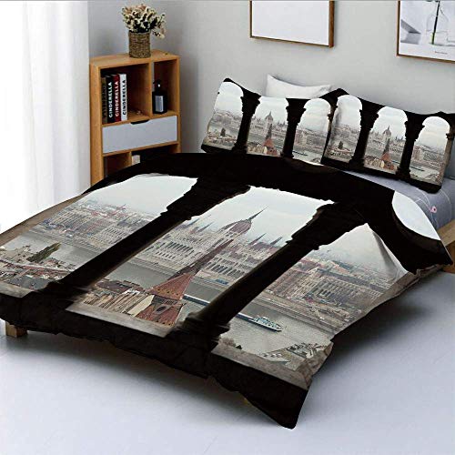 Qoqon Juego de Funda nórdica, Parlamento húngaro en el terraplén del Danubio Desde Ancient Balcony ImageDecorative Juego de Cama de 3 Piezas con 2 Fundas de Almohada, Multicolor, niños