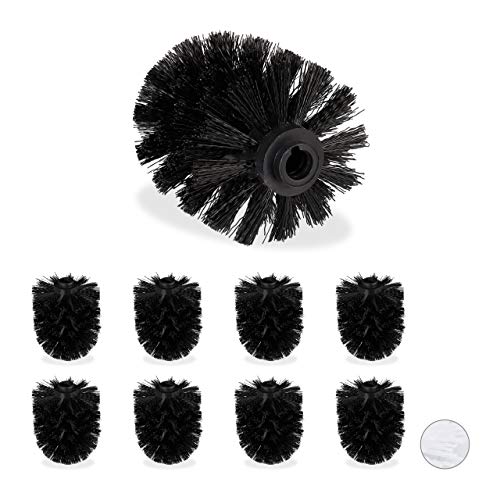 Relaxdays Set de 9 Cepillos de Recambio Escobilla WC, Baño, Cabezal Repuesto, Plástico, 12 mm de Rosca, ⌀ 7 cm, Negro