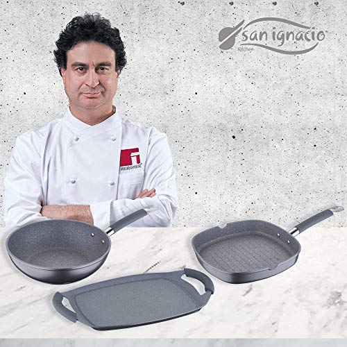 San Ignacio MasterPro GRAN FORMATO-Grill 28x28, Wok 28 y Plancha Asador 36 cms, gris, inducción, aluminio forjado, Multicolor