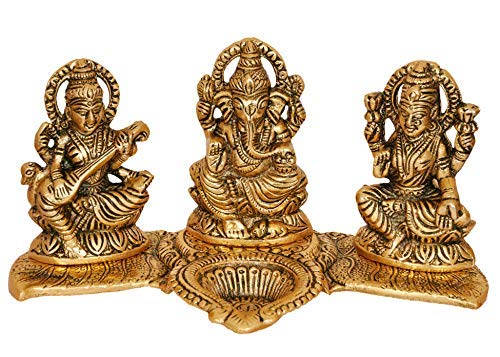 Sataanreaper Presents Lámpara De Aceite Laxmi Ganesh Ídolo De Saraswati Showpiece | Diya | Deepak | Deepam | De Metal Escultura Estatua #SR-524