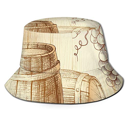 SDFRG Sombrero de Visera de Verano Tapa de Cubo Vino Barriles de Madera y racimo de Uvas sobre Fondo de Madera Botánica Cosecha Tema Obra Sombrero de Pescador marrón durazno para Hombres y Mujeres