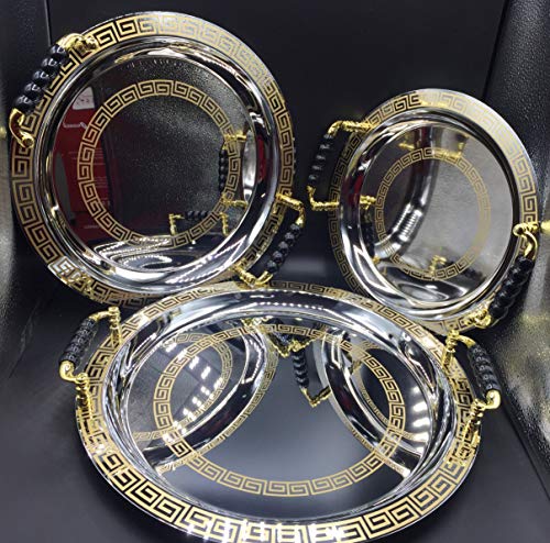 Set de 3 Bandeja de té redondas con grabado de estilo vintage, hecha a mano en color plata con detalles dorados y las asas negras marroquí (DORADO)