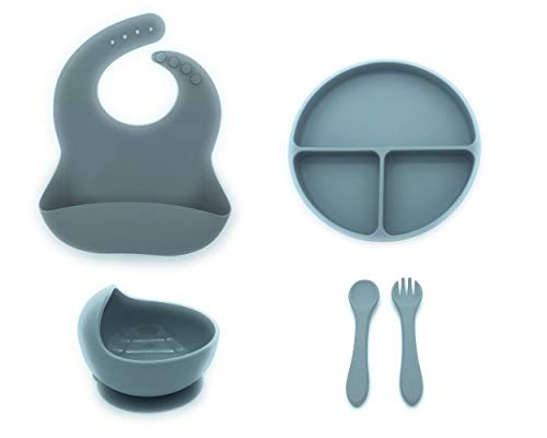 Set de vajilla de silicona para bebes. Conjunto de Babero, Cuenco, Cubiertos y Plato antideslizantes perfectos para alimentacion de bebes (Azul)