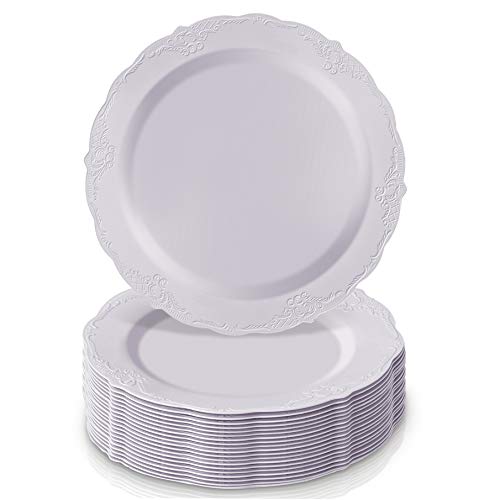 Silver Spoons Vajilla para Fiestas Desechable de20 Piezas 20 Platos Grandes Elegante Aspecto de Porcelana Fina para Bodas y Comidas de Lujo (Vintage Collection - Blanco 10,25 Pulgadas/26 Cm)