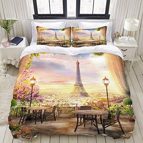 SmallNizi Juego de Funda nórdica, Beautiful View Balcony Cafe en París, Colorido Juego de Cama Decorativo de 3 Piezas con 2 Fundas de Almohada